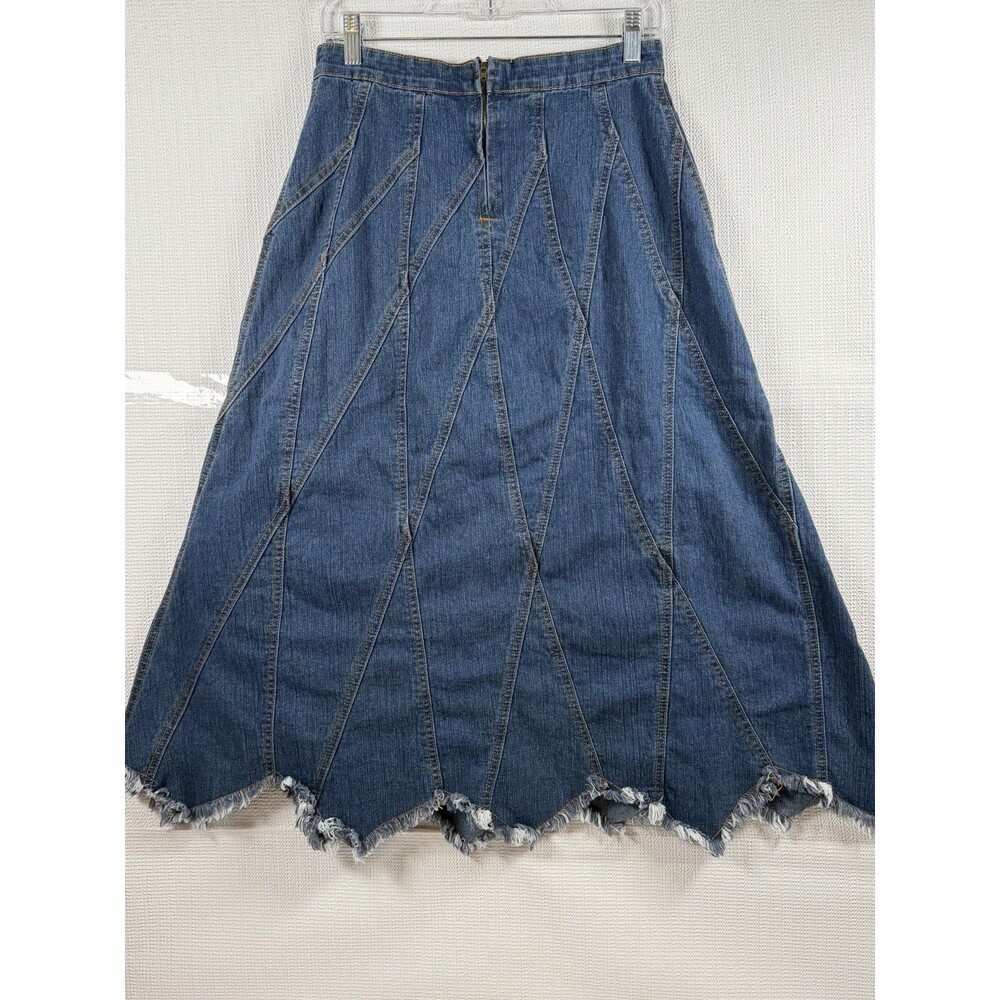 BE-GIRL Denim Midi Skirt Women Size S Blue Patchwork Frayed Hem Y2K Stretch - Picture 3 of 8